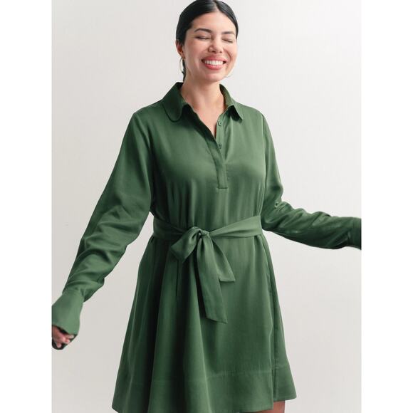 NEW Darling Green Long Sleeve Button Collar Tie Waist Belted Mini Shirt Dress S - Picture 3 of 8